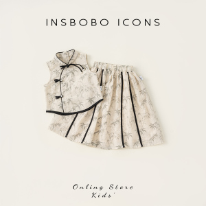 INSbob女童夏装套装竹子印花两件套新款国风上衣宝宝裙子洋气童装