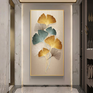 现代轻奢玄关装画银杏叶走廊过道挂画高档大气入户正对门竖版壁画