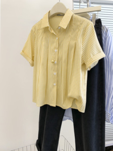 黄色格子短袖衬衫外套女夏季夏款宽松设计感小个子衬衣上衣娃娃衫