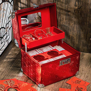 结婚镜箱新娘首饰盒陪嫁收纳盒三金彩礼金五金钱箱子订婚提亲箱子