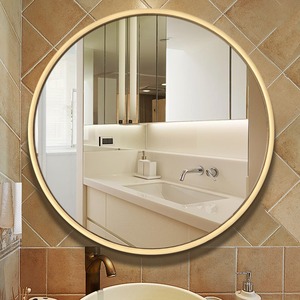 圆形木质边框浴室镜挂墙洗手台卫生间镜子欧式壁挂玄关镜卫浴镜子