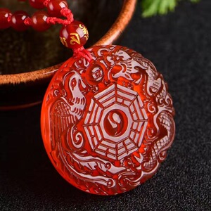 红玛瑙黑曜石龙凤八卦吊坠男女款项链
