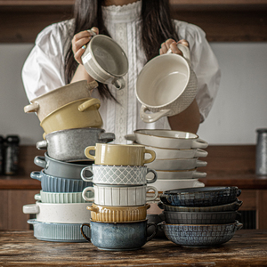 吉田成器双耳陶瓷碗日式餐盘餐具酸奶碗双耳碗大盘子奶油蘑菇汤碗