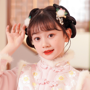 儿童汉服头饰毛球发夹2021冬季新款古风唐朝发饰女童发卡甜美边夹