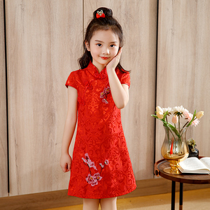 儿童红色旗袍女童周岁生日中式礼服连衣裙女小学生演出服古筝女孩