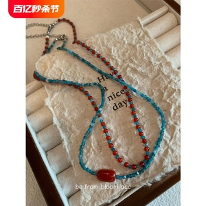 蓝色天然磷灰石A级红玛瑙串珠项链小众设计复古国风叠戴锁骨链女