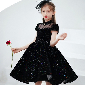 女童黑色礼服大童秋季公主裙儿童生日钢琴演奏模特走秀韩版演出服