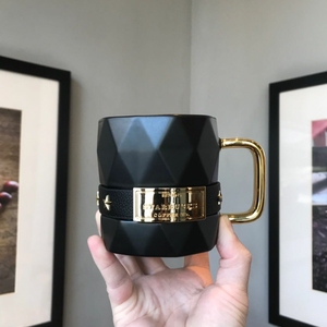 星巴克经典黑金系列马克杯切面竖条纹陶瓷大容量桌面咖啡杯礼盒装