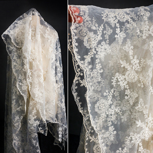 米白色刺绣花型网纱蕾丝提花布 创意DIY半透婚纱礼服裙设计师面料