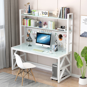 简约现代玻璃电脑书桌书架组合家用写字桌带置物架一体收纳学习桌