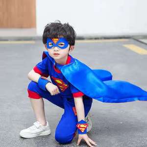 男童超人套装夏儿童奥特曼带披风短袖宝宝蜘蛛侠卡通表演服两件套