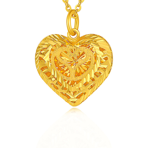 黄金心形吊坠新款9999足金精致镂空桃心金挂坠纯金爱心挂件大气女