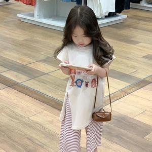 韩国女童套装夏款2024新款时髦短袖T恤上衣卡通宝宝夏衣服两件套t