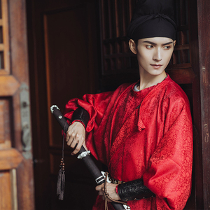 君陈原创唐圆领袍襕袍复原款绯红暗纹提花婚服礼服男装汉服-不退