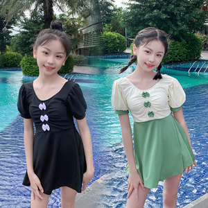 新款儿童连体泳衣大童女孩公主可爱蝴蝶结洋气时尚韩国裙式游泳衣
