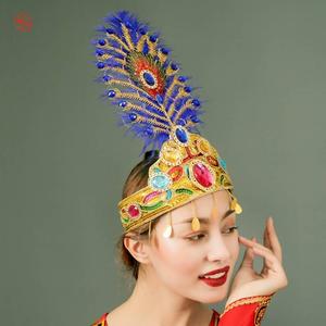 新疆舞头饰孔雀大羽毛贴钻舞蹈帽子维族舞蹈哈萨克族广场舞小花帽