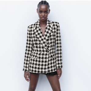 zara西装 秋冬新款 女装 黑白色百搭千鸟格格子外套 3046251 064