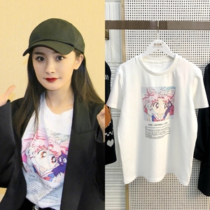 杨幂同款衣服2021夏季卡通美少女战士纯棉上衣女白色短袖t恤ins潮