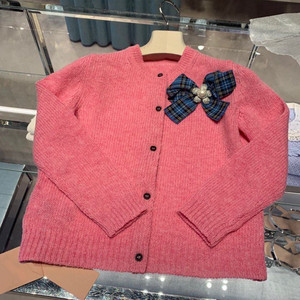 miu家同款 甜美粉色减龄学院风蝴蝶结羊毛短款针织毛衣开衫女上衣