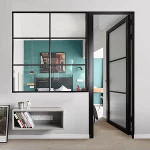 半墙推拉窗户钢化长虹透明超白玻璃遮挡铁艺窄边隔断带门厨房客厅