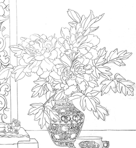 工笔画底稿 4尺斗方牡丹青花瓷斗方白描打印稿学习临摹