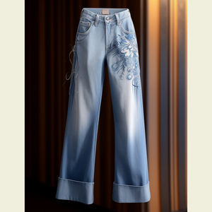 美式高街蓝色重工刺绣牛仔裤女2024年新款早春季高腰显瘦直筒裤子
