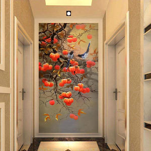 新中式油画柿子树墙布欧式进门墙8D壁画壁纸玄关过道走廊背景墙纸