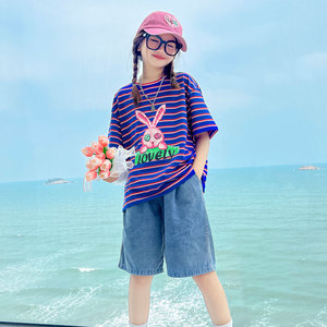 女童夏装休闲套装儿童洋气夏季8牛仔短裤时髦9条纹短袖11岁两件套