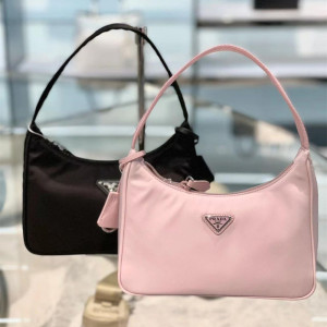 【99新】prada普拉达腋下包hobo尼龙嫩粉单肩包三角银标手提女包