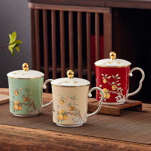 新中式办公泡茶水杯会议杯风骨瓷杯子带盖马克杯情侣对杯礼物