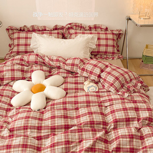 简约全棉水洗棉复古格子4四件套纯棉韩式花边被套床单床上用品