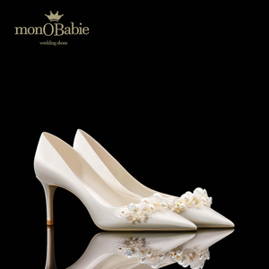 monobabie婚宴鞋 法式婚鞋女主婚纱新娘鞋白色高跟单鞋花朵订婚鞋