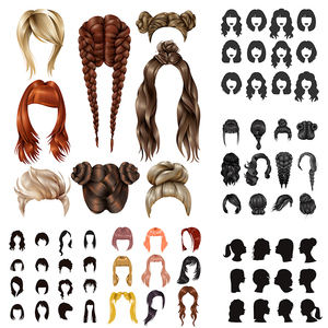 女士发型ai矢量素材 女生女性头发造型染发烫发短发扎辫 设计素材