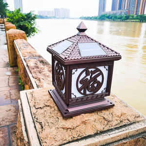 太阳能灯户外防水耐用新古典大门花园智能咖啡金两用式围墙柱头灯