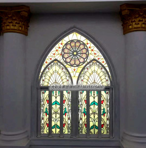 蒂凡尼新中式拱形彩色玻璃艺术窗户隔断玄关风景画双面透光卧室门