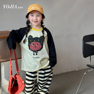 YOJIA女童长袖T恤春装2024新款洋气儿童卡通纯棉上衣韩版打底衫