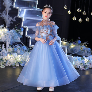 女童蓝色露肩公主裙主持人长款晚礼服高端洋气蓬蓬纱裙仙气演出服