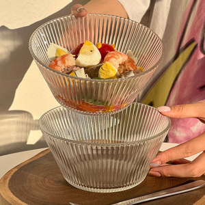 ins竖条纹玻璃碗家用水果沙拉碗简约餐具酸奶麦片碗大容量泡面碗