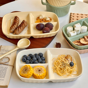 韩国ins风分餐盘家用三格减脂餐盘子分格减肥陶瓷餐具儿童早餐盘