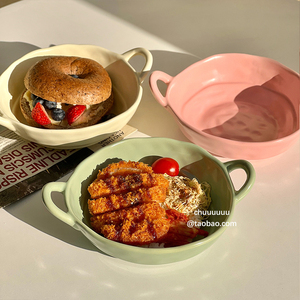 日式双耳碗陶瓷汤碗拌面拌饭不规则轻食沙拉水果深盘子碗ins餐具