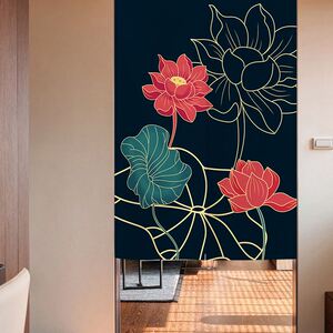 新中式门帘子荷花图案装饰布帘房门门帘免打孔门帘隔断帘厨房