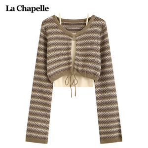 拉夏贝尔LaChapelle甜美条纹针织衫女秋冬季开衫小个子吊带两件套