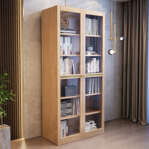 带玻璃柜门实木书柜分层多格书橱书房落地书架办公室收纳储物柜子
