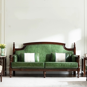 美式复古实木沙发组合 欧式客厅绿色皮艺沙发 高端别墅家具可定制