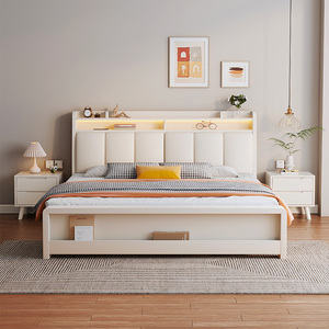 现代简约实木床1.8米北欧轻奢主卧双人婚床1.5储物高箱软靠包大床