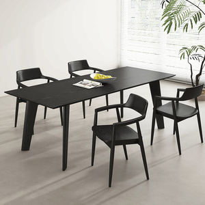 意式极简纯实木餐桌家用客厅饭桌侘寂风黑色长条桌设计师办公书桌
