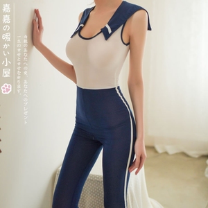 遇水透明连体紧身衣骚jk蓝白贴身水手服深v情趣冰丝透视超薄泳衣