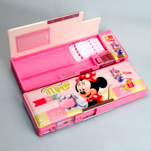 迪士尼米妮铅笔盒粉红色小学生幼儿园女孩塑料双开吸铁石文具盒儿童多