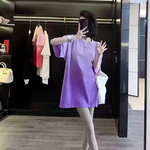紫色短袖女t恤纯棉宽松2024夏季新款中长款设计感小众潮牌体恤衫