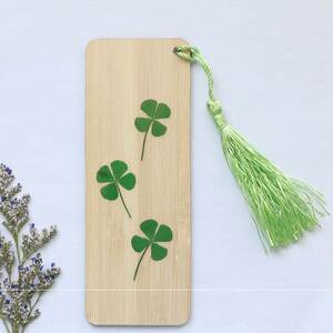 四叶草标本干花幸运四叶草标本植物手工木质书签带流苏送友人同学